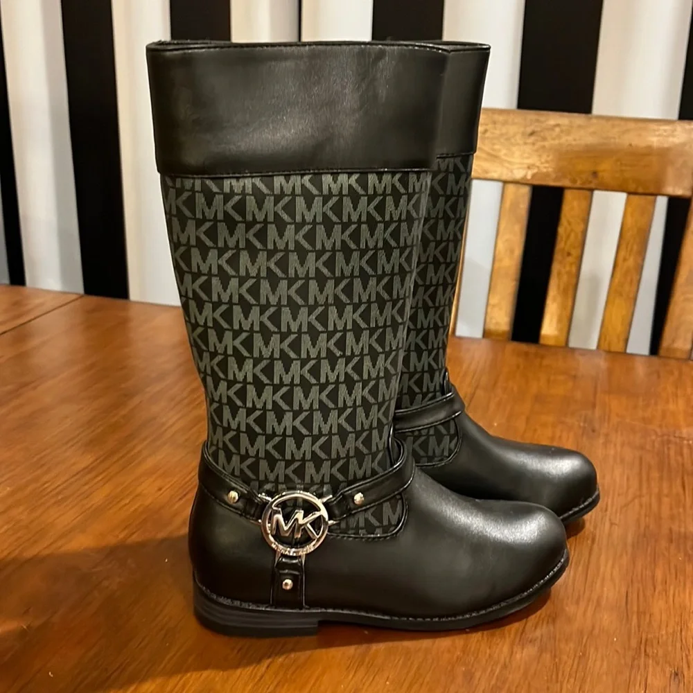 NWT Michael Kors Black MK Logo Tall Riding Boots with Gold Accent